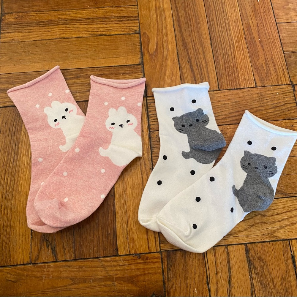 Cute Animal Print Socks - Pink and White - Bunnies and Kittens